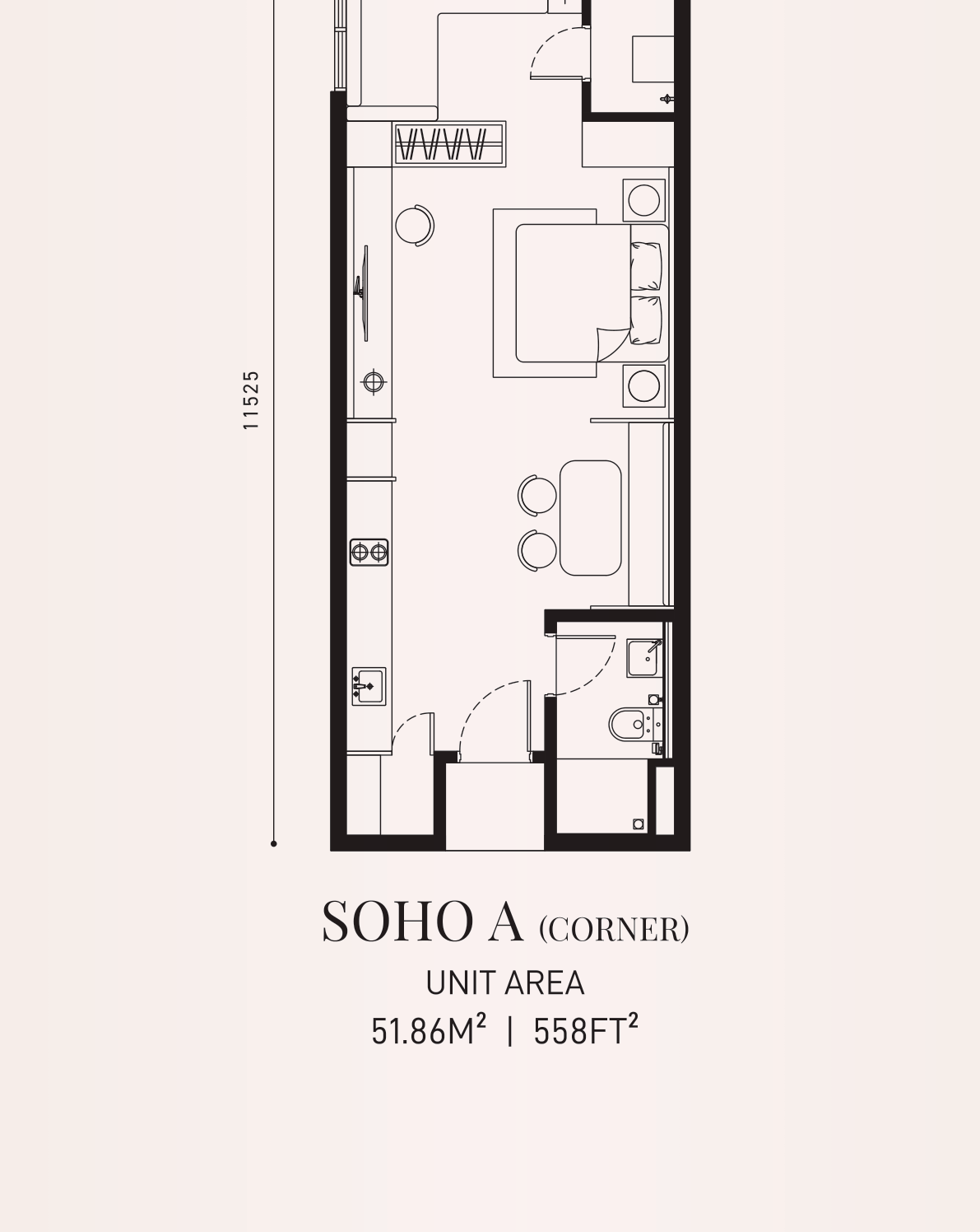 Armani Hallson SOHO A Corner · 338 sf floor plan
