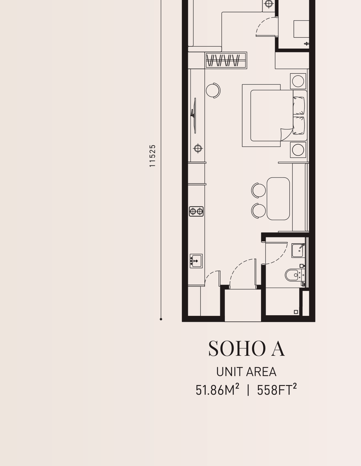 Armani Hallson SOHO A · 338 sf floor plan